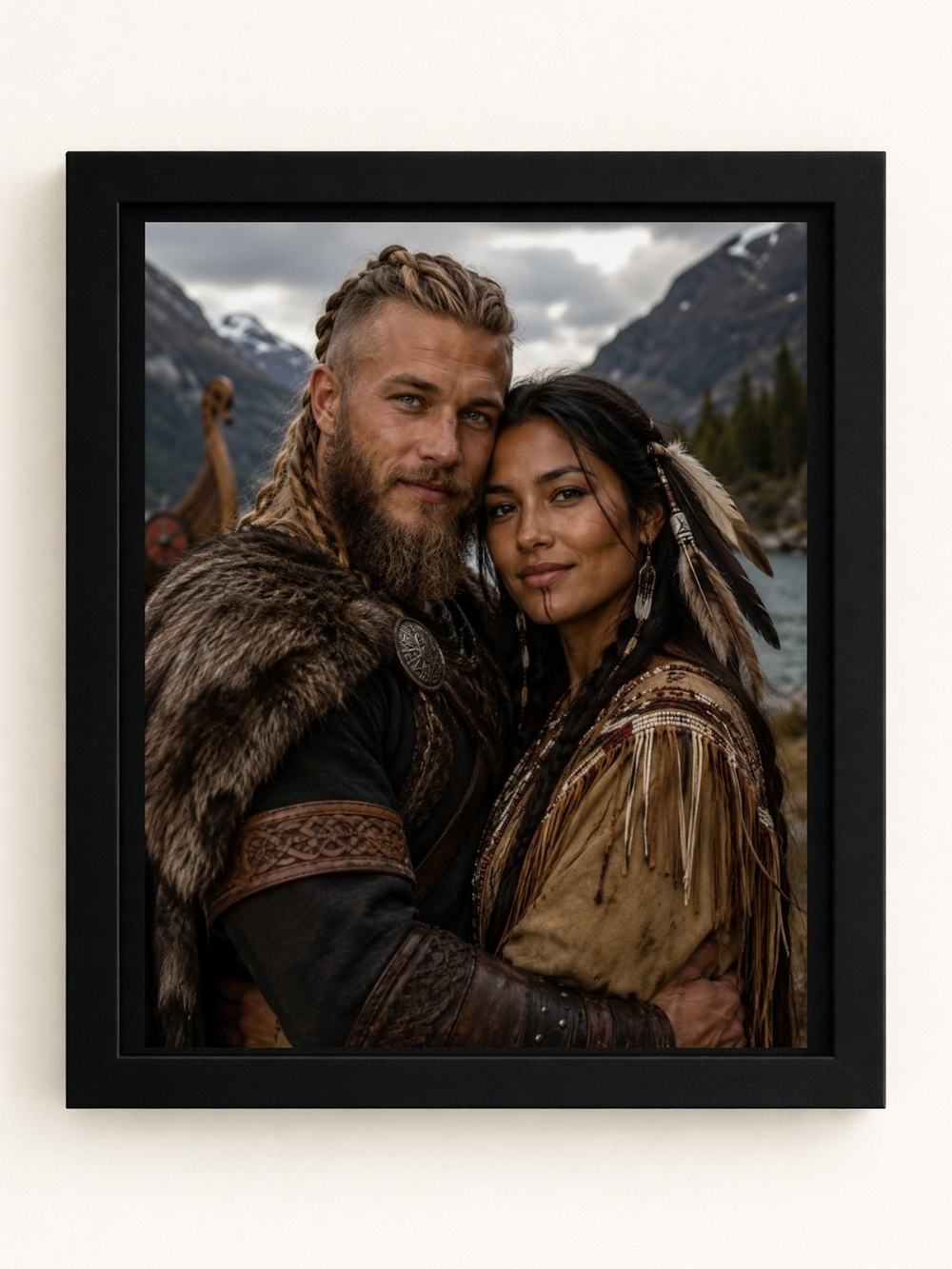 8x10 Framed Portrait of Viking And Native American Couple . A.I. Art Print